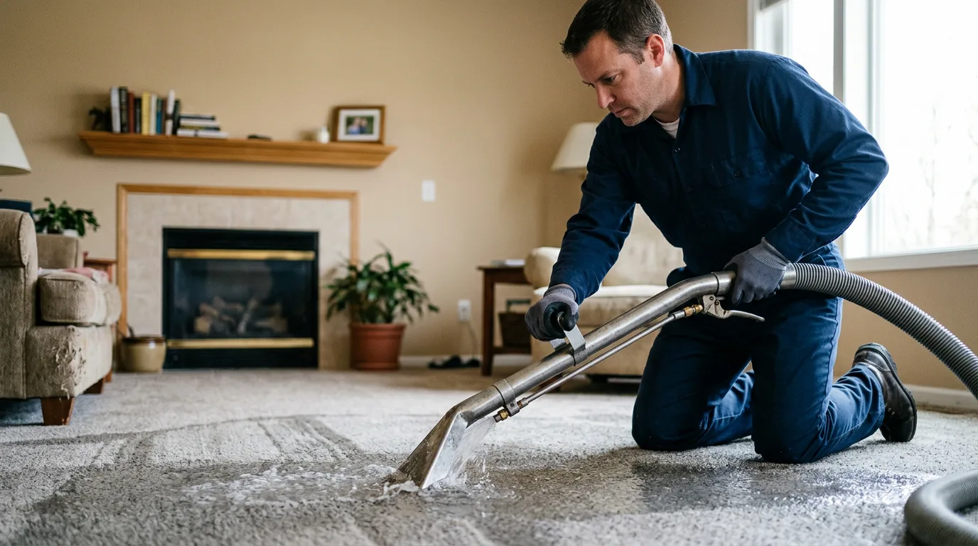 Water damage restoration technician working near Akron, IN
